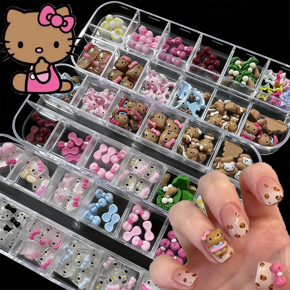 Boîte de 12 compartiments, Mini décorations d'ongles 3D Hello Kitty, Breloques pour nail art Y2K Haw