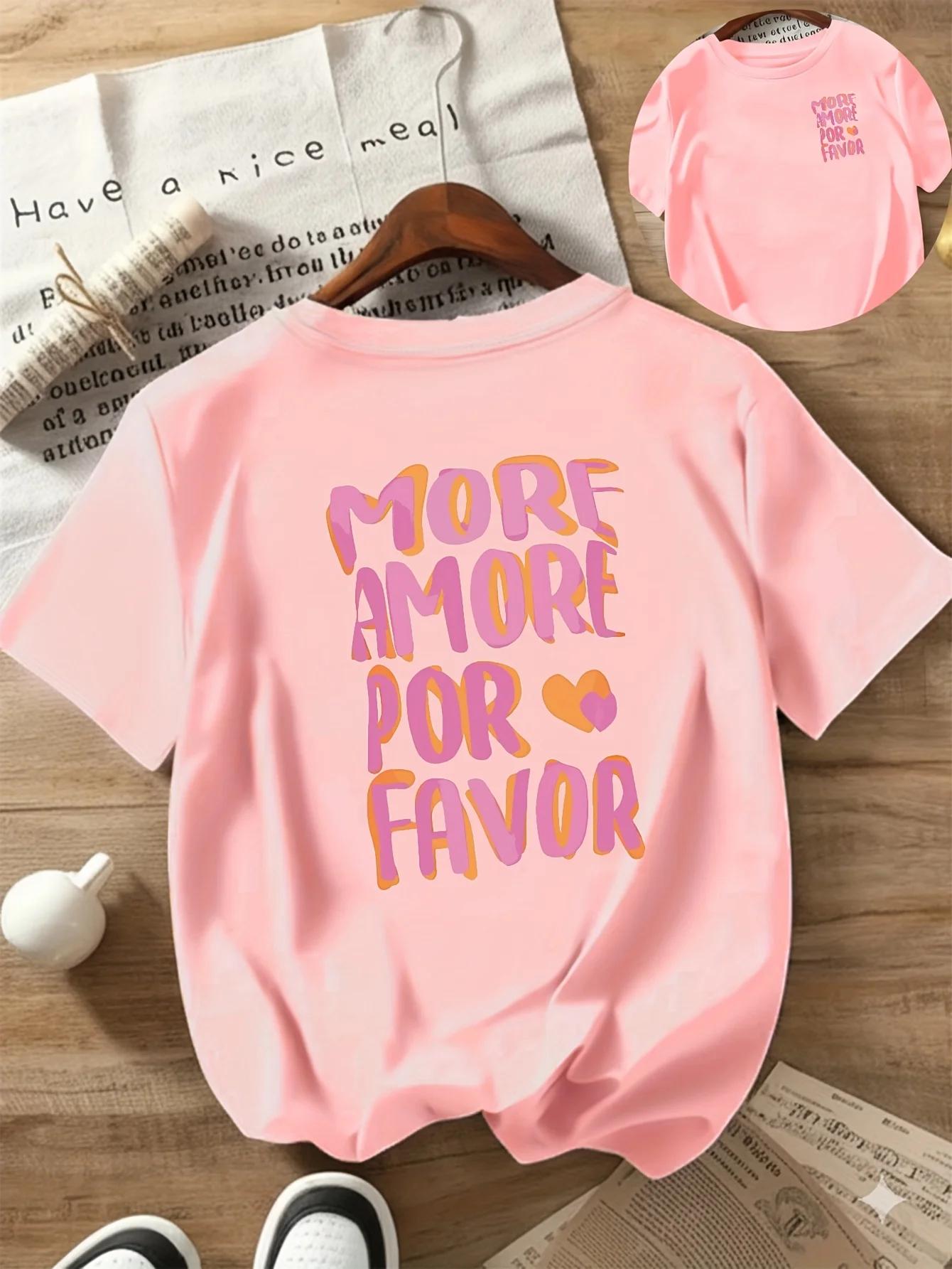PLUS AMORE POR FAVOR T-Shirt manches courtes col rond femme imprimé rose avec coeurs Harajuku manche