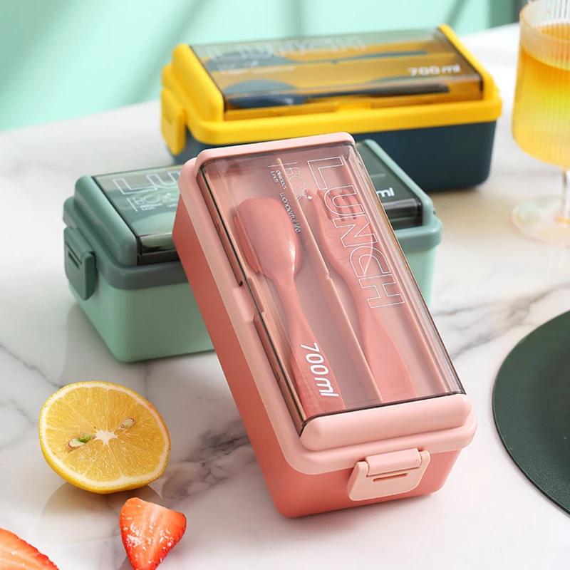 Boîte à déjeuner Portable Double couche pour enfants, avec fourchette et cuillère, boîtes à Bento po