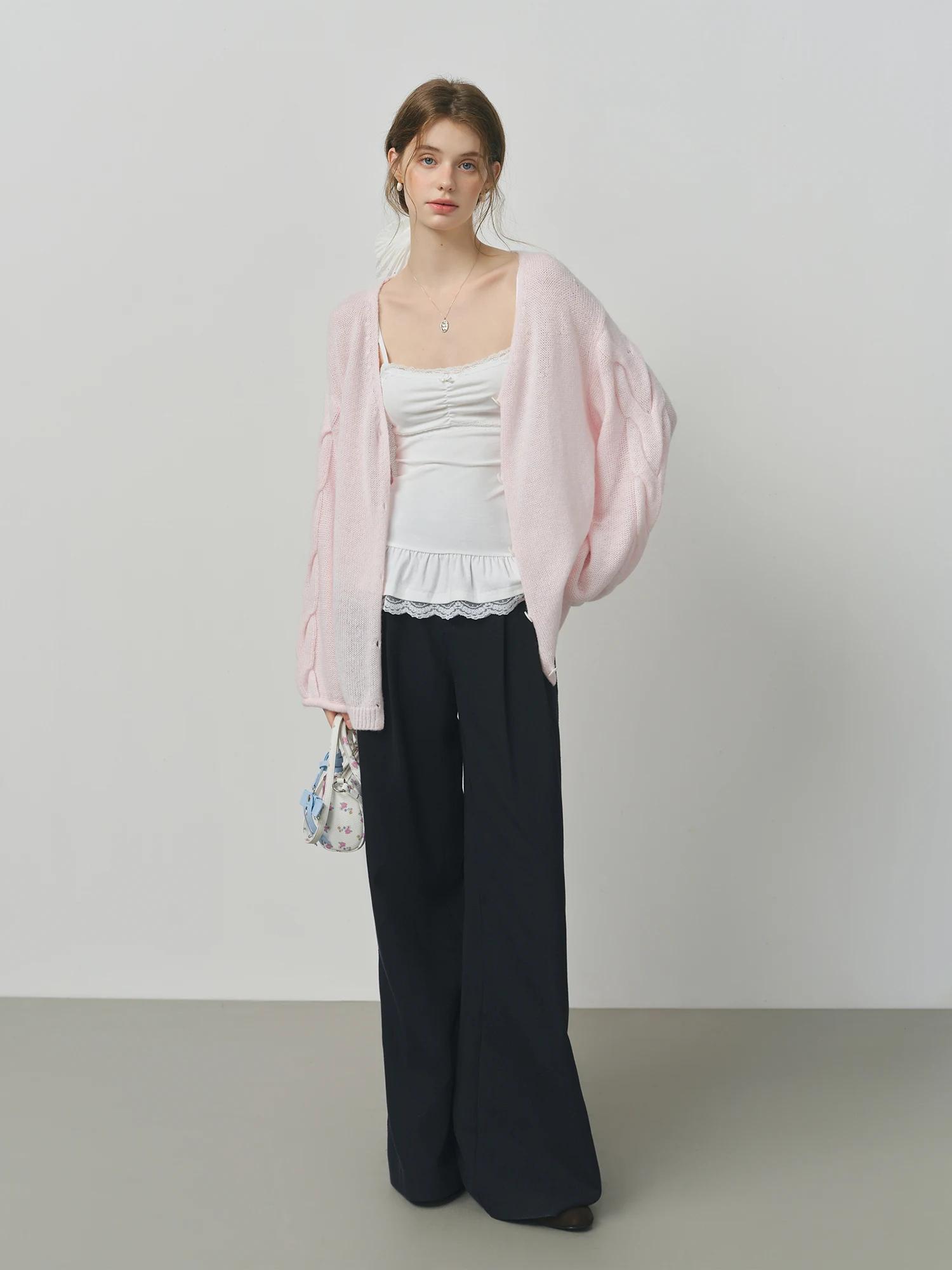FSLE laine d'alpaga lâche paresseux câble tricoté col en v Cardigan veste femme automne 2025 nouveau