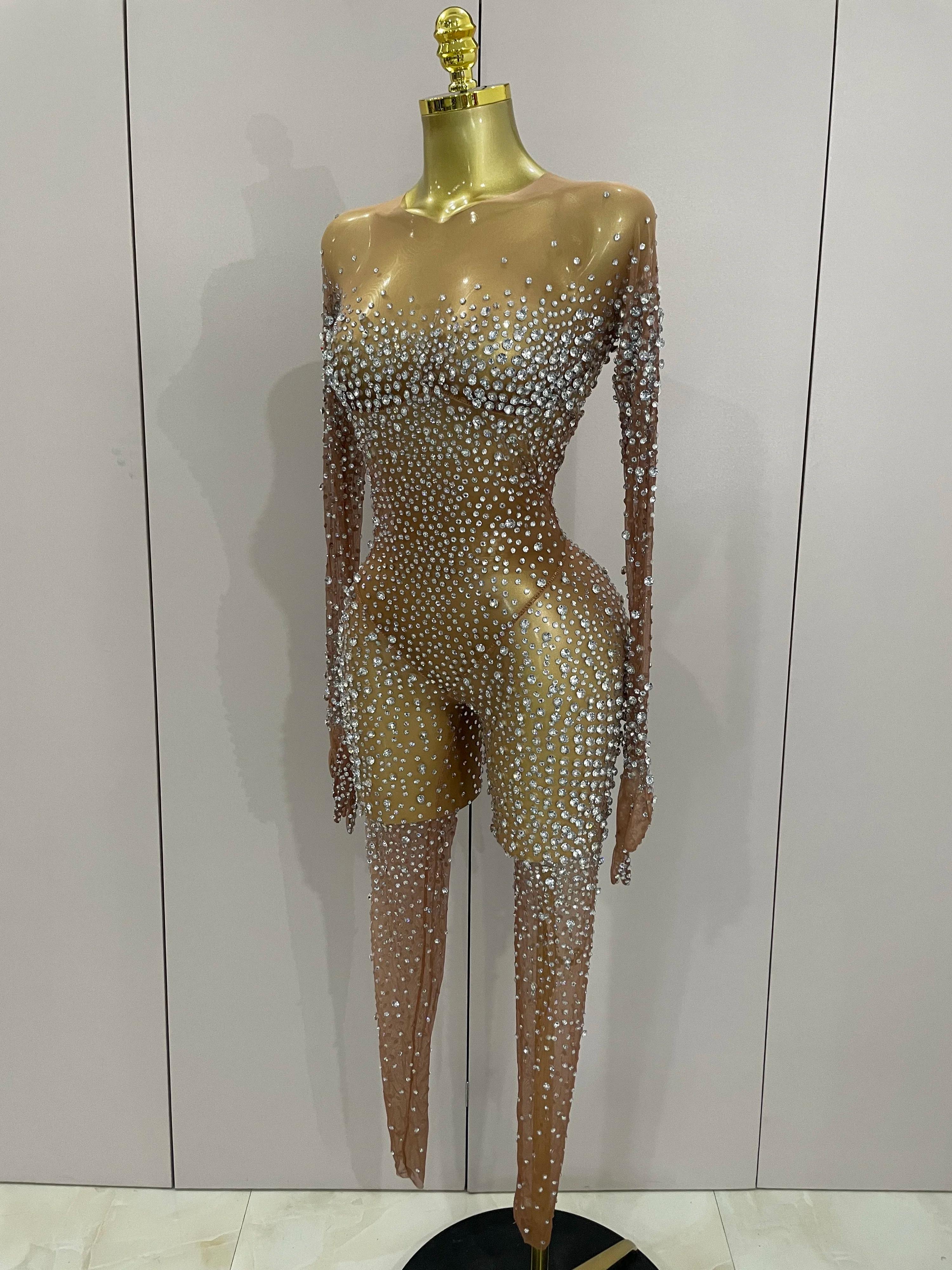 Combinaison de luxe en maille transparente pour femmes, strass scintillants, Sexy, moulante, robe d'