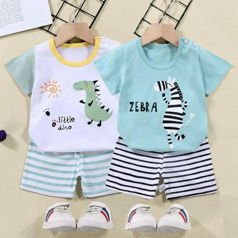 Ensemble de survêtement 2 pièces en coton t-shirts + shorts pour enfants, costume d'été imprimé dino