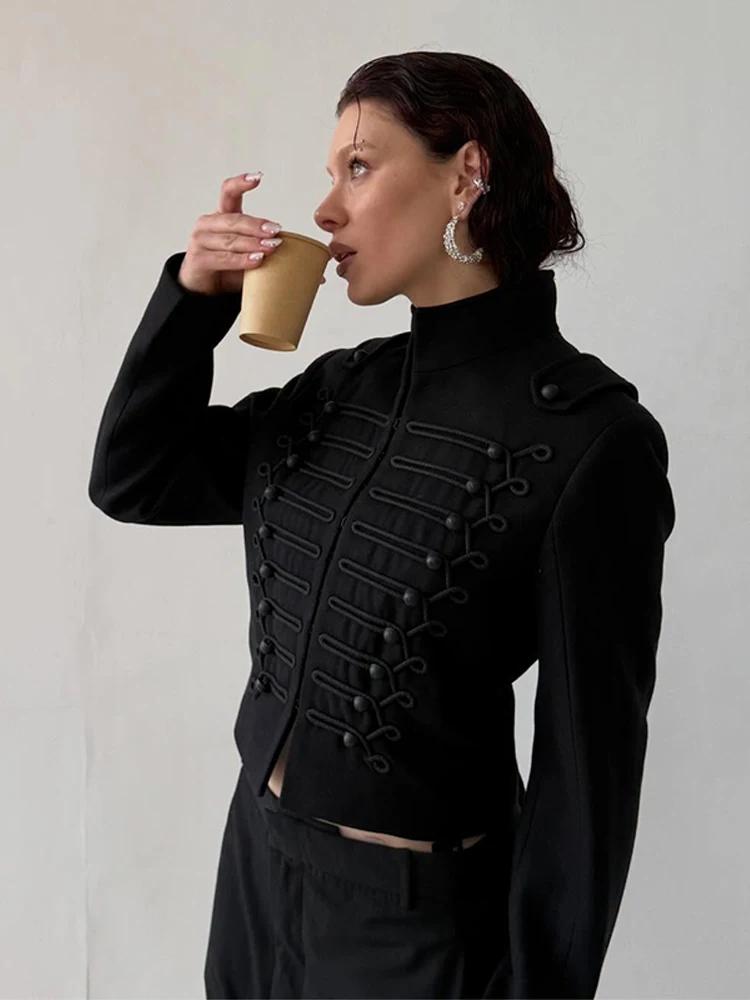 Veste Napoléon Chic pour Femme à Manches Longues, Col Montant et Boutons Cachés – Manteau Féminin Te
