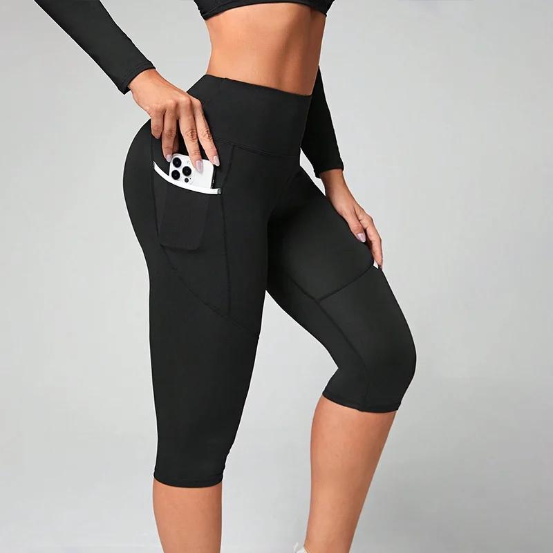 Leggings capri femme taille haute avec poches - Pantalon de yoga contrôle ventre entraînement fitness