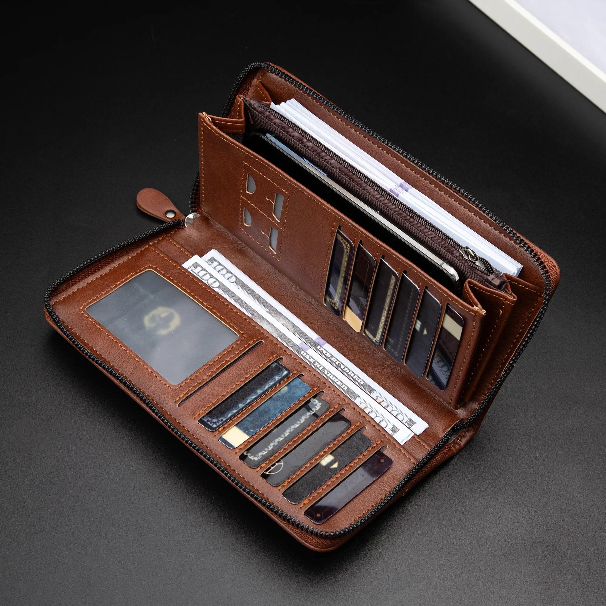 Portefeuille Long à fermeture éclair pour hommes, portefeuille en cuir Pu de haute qualité, blocage
