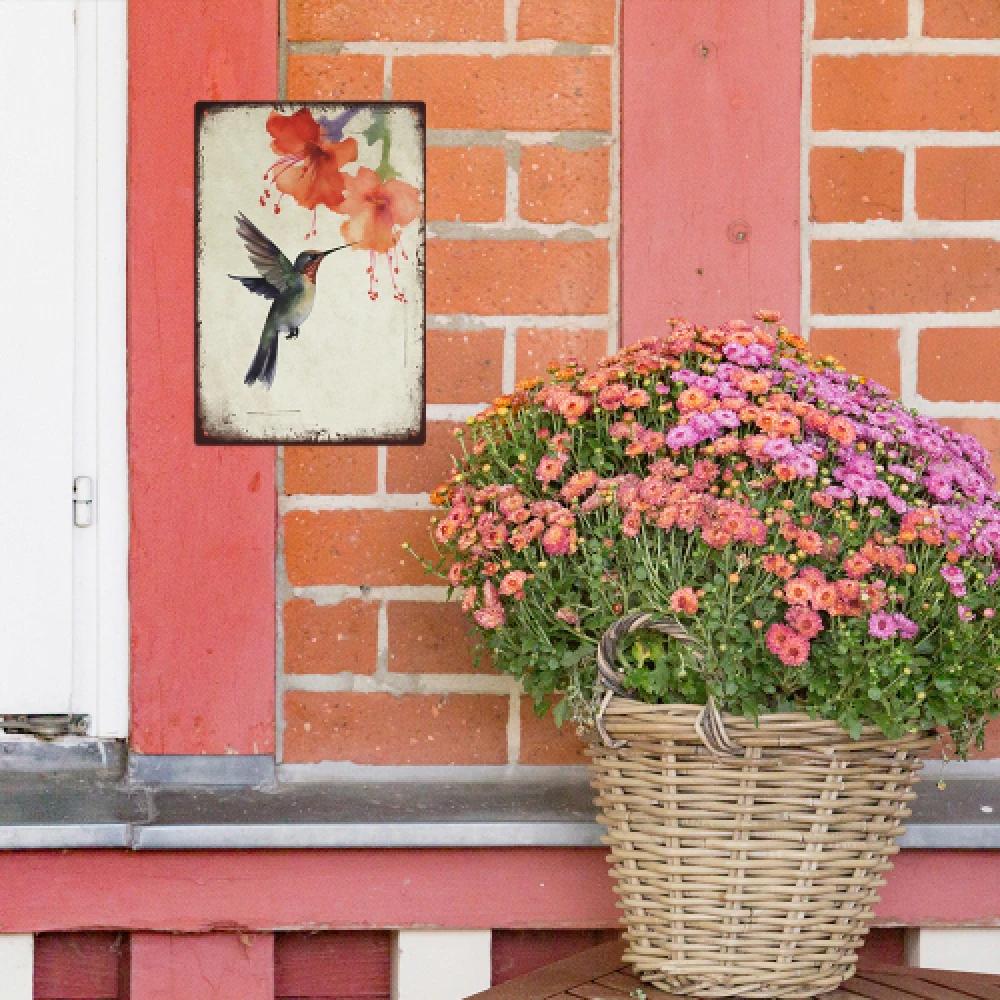 Putuo Decor-Oiseau vintage en métal 18/Sign, champ avec des fleurs sauvages et un oiseau, décor d'ar