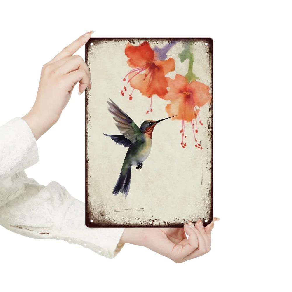 Putuo Decor-Oiseau vintage en métal 18/Sign, champ avec des fleurs sauvages et un oiseau, décor d'ar