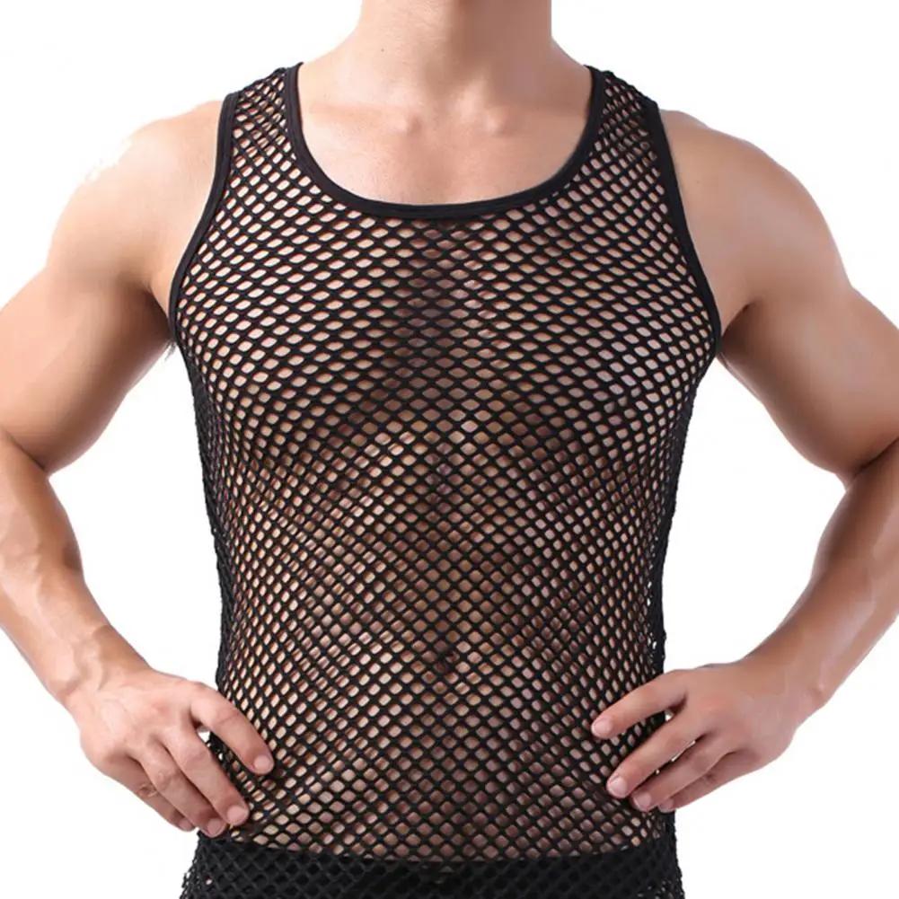 Débardeur pour homme, sous-vêtement, chemise en maille de nylon transparente à manches longues, t-sh