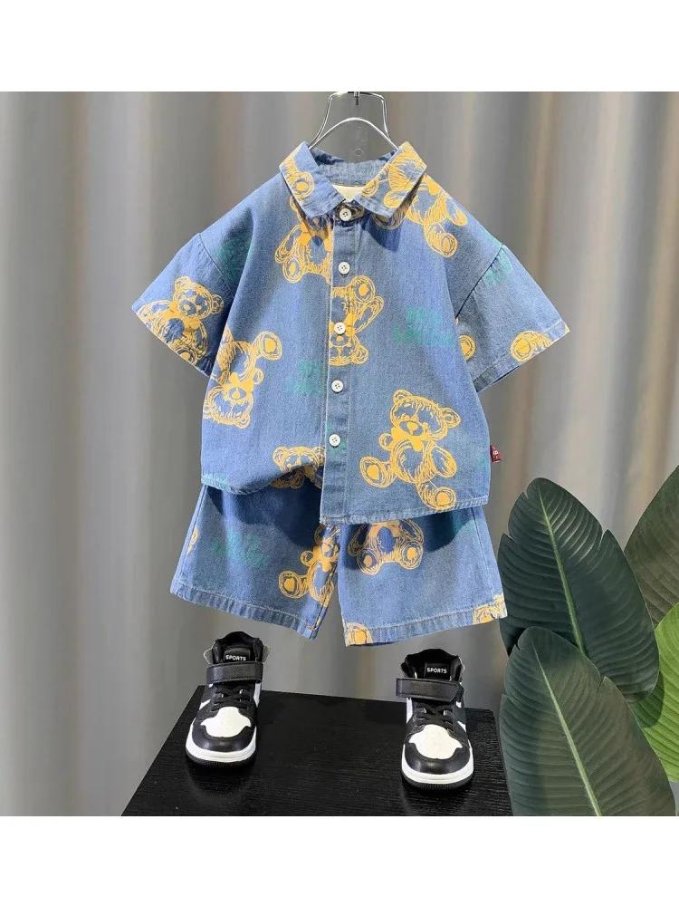 Ensemble décontracté d'été pour enfant : T-shirt imprimé ours et short (2 pièces) – Tenue de cowboy