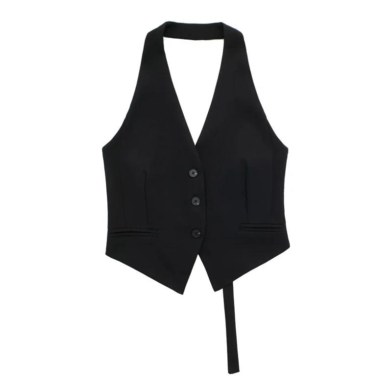 MUJER épaules dénudées gilet sans manches femmes noir blanc recadrée gilet femme mode dos nu col en
