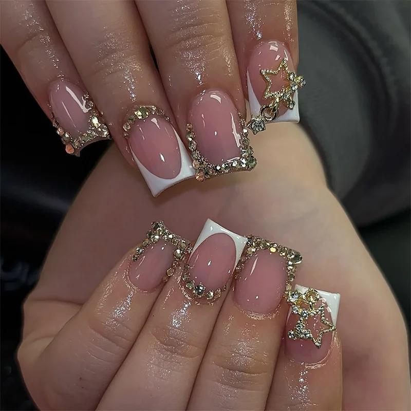 24 pièces Simple français presse sur faux ongles court carré presse sur ongles fleur strass faux ong