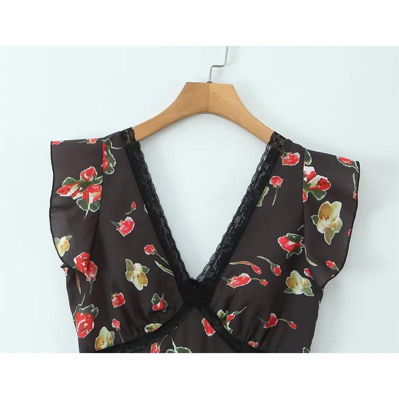 YENKYE romantique dentelle garniture imprimé fleuri crayon robe Sexy femmes manches volantes col en