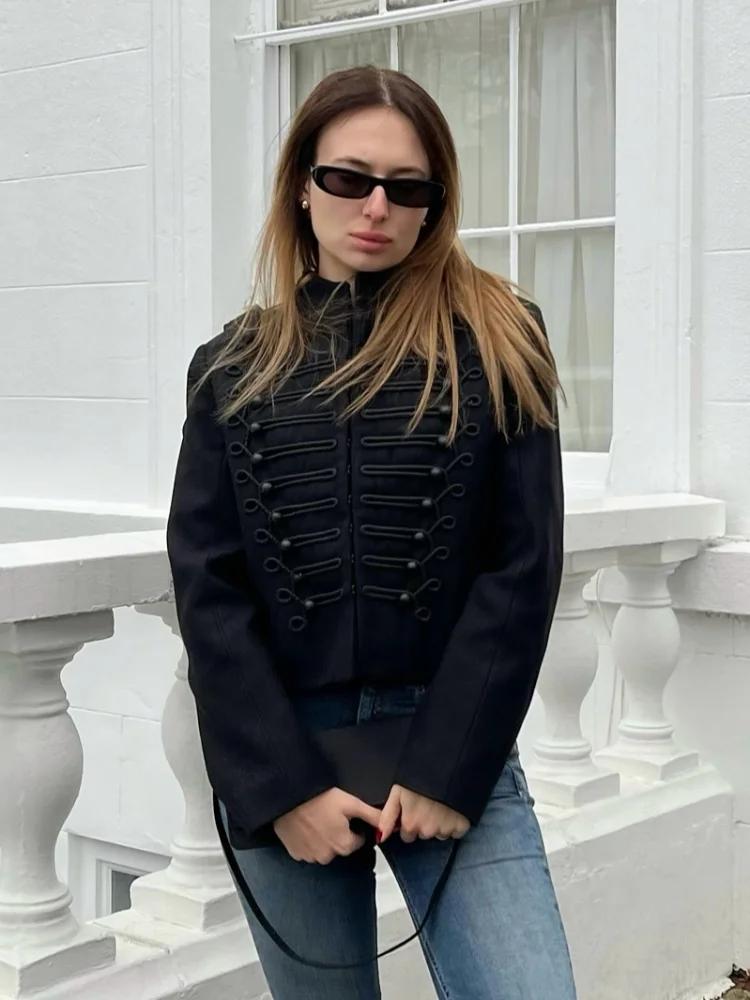 Veste Napoléon Chic pour Femme à Manches Longues, Col Montant et Boutons Cachés – Manteau Féminin Te