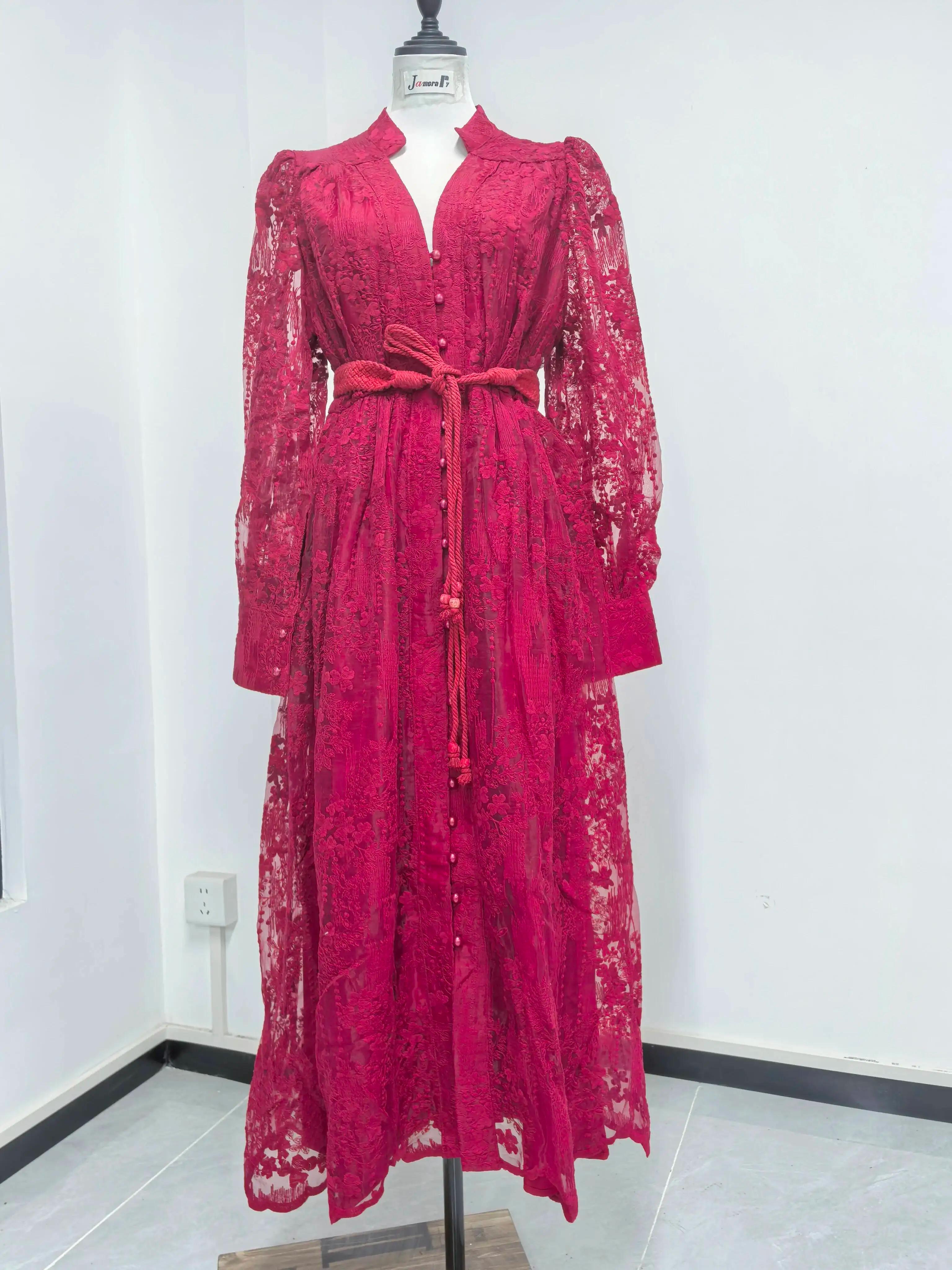 Robes formelles brodées de luxe pour femmes, lanterne d'été et d'automne, manches longues, dentelle,