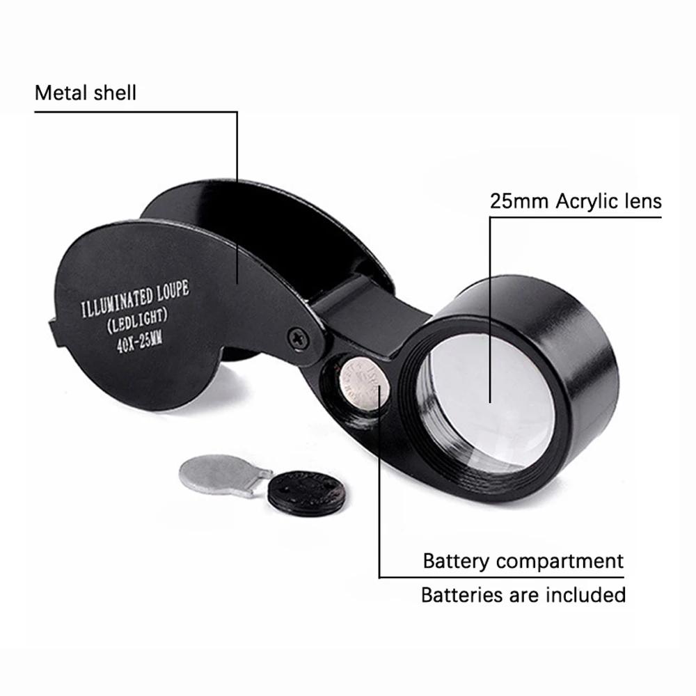 Loupe de bijoutier pliante de poche 40X, Loupe avec lumière pour montre, pièces de monnaie, timbres,