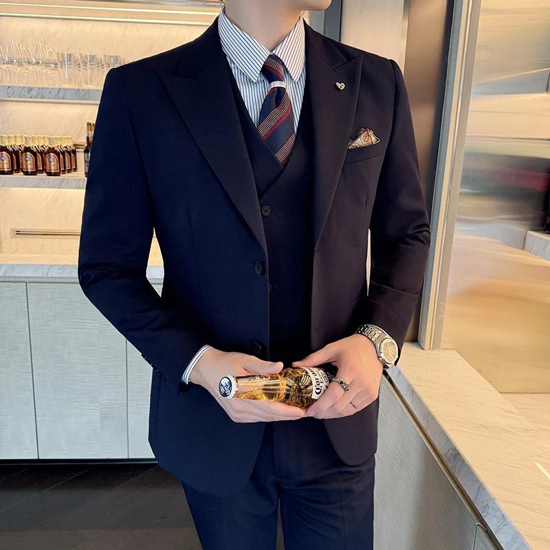 Ensemble trois pièces coupe cintrée Style coréen deux boutons garçons d'honneur costume d'affaires d