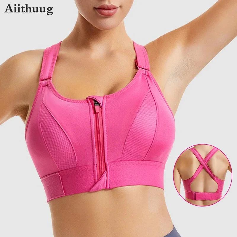 Soutien-gorge sport femme fermeture éclair avant - Yoga antichoc rembourré sans coutures sans fil