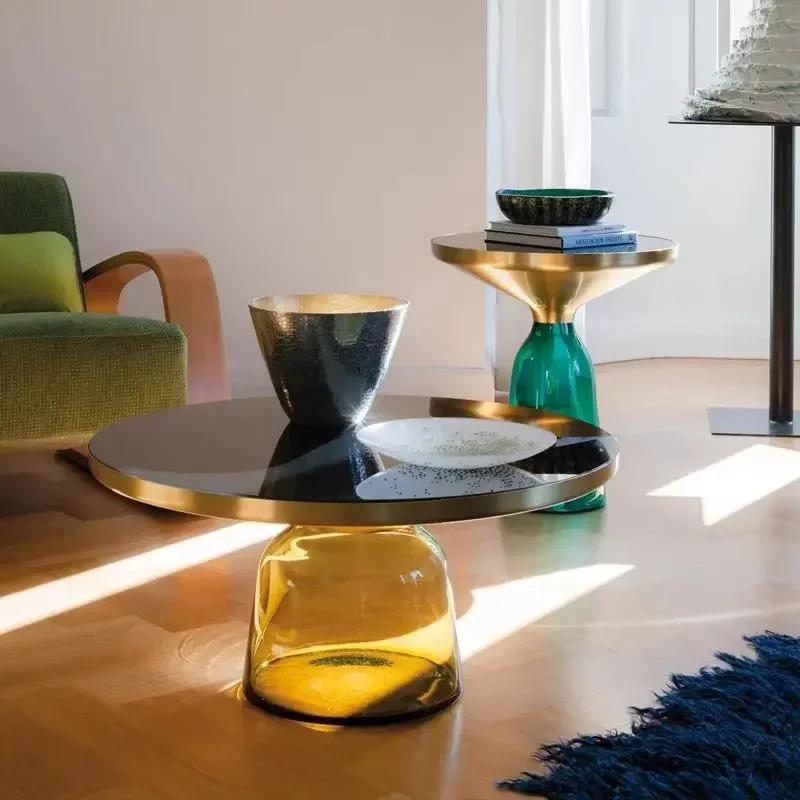 Table Basse Transparente en Verre Coloré pour Salon, Ronde, Haut de Gamme
