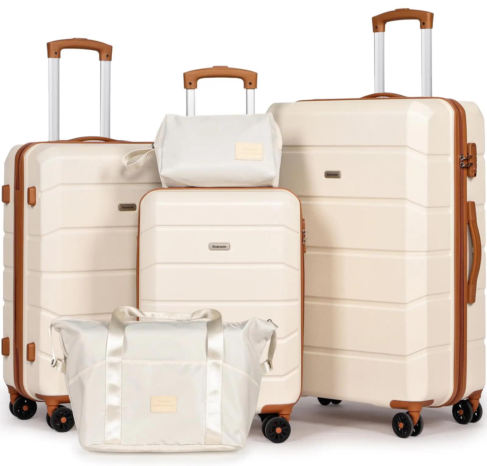 Ensemble de bagages 5 pièces, valises de voyage légères à roulettes en ABS rigide, 21" + 24" + 28" +