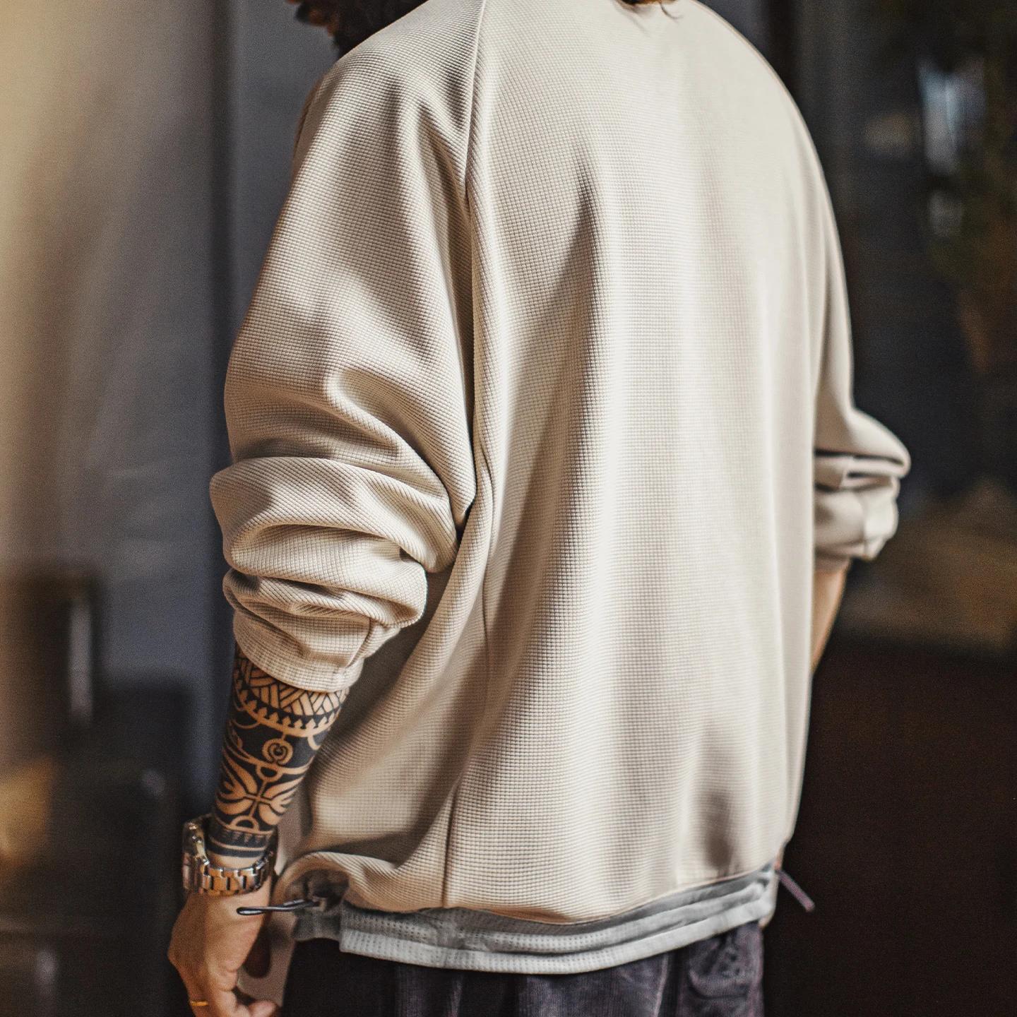 Maden Sweat-shirt décontracté en tissage gaufré pour homme Coupe ample Pull à col rond Ourlet à cord