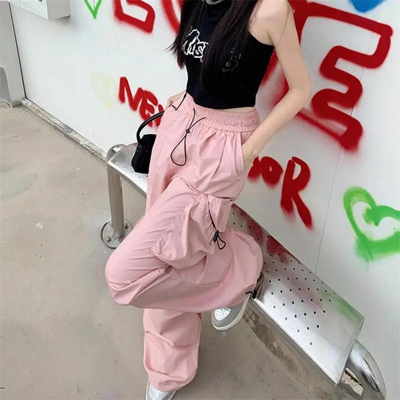 Y2K Parachute noir pantalon femmes Hippie Streetwear poches surdimensionnées Cargo pantalon Harajuku