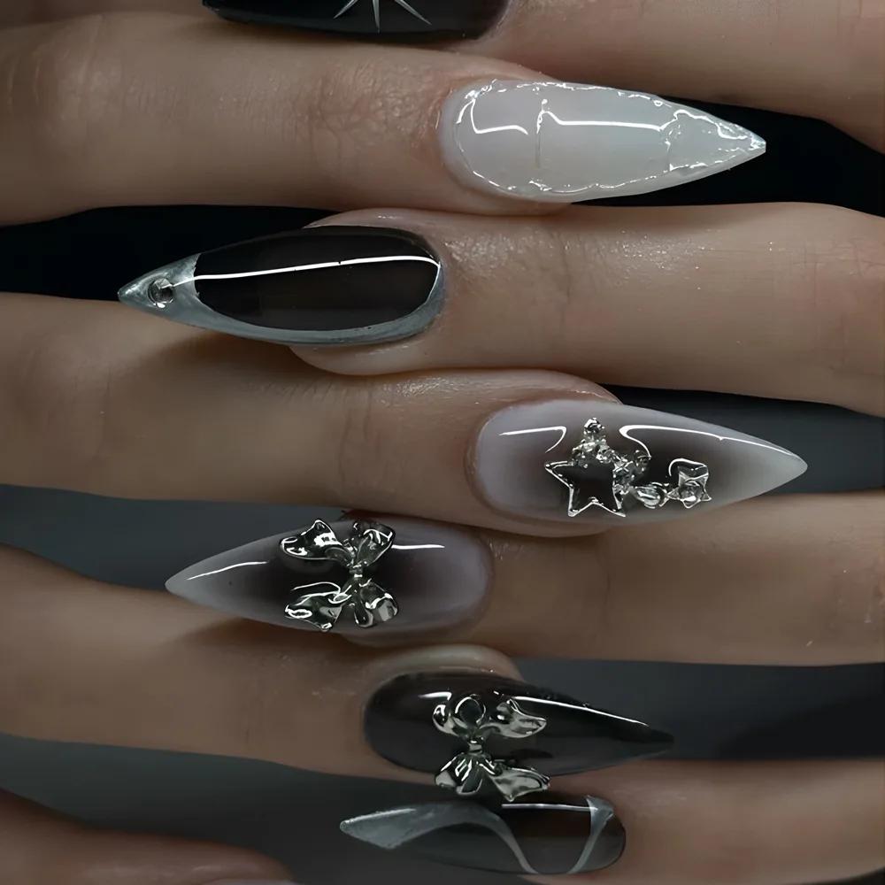 24 pièces faux ongles fille épicée arc argenté avec diamant faux ongles avec colle amande presse sur
