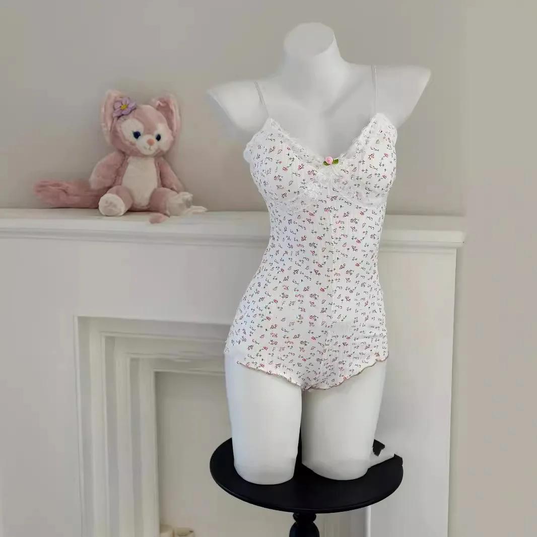 Combinaison barboteuse à imprimé floral pour femmes, garniture en dentelle, justaucorps coupe couver