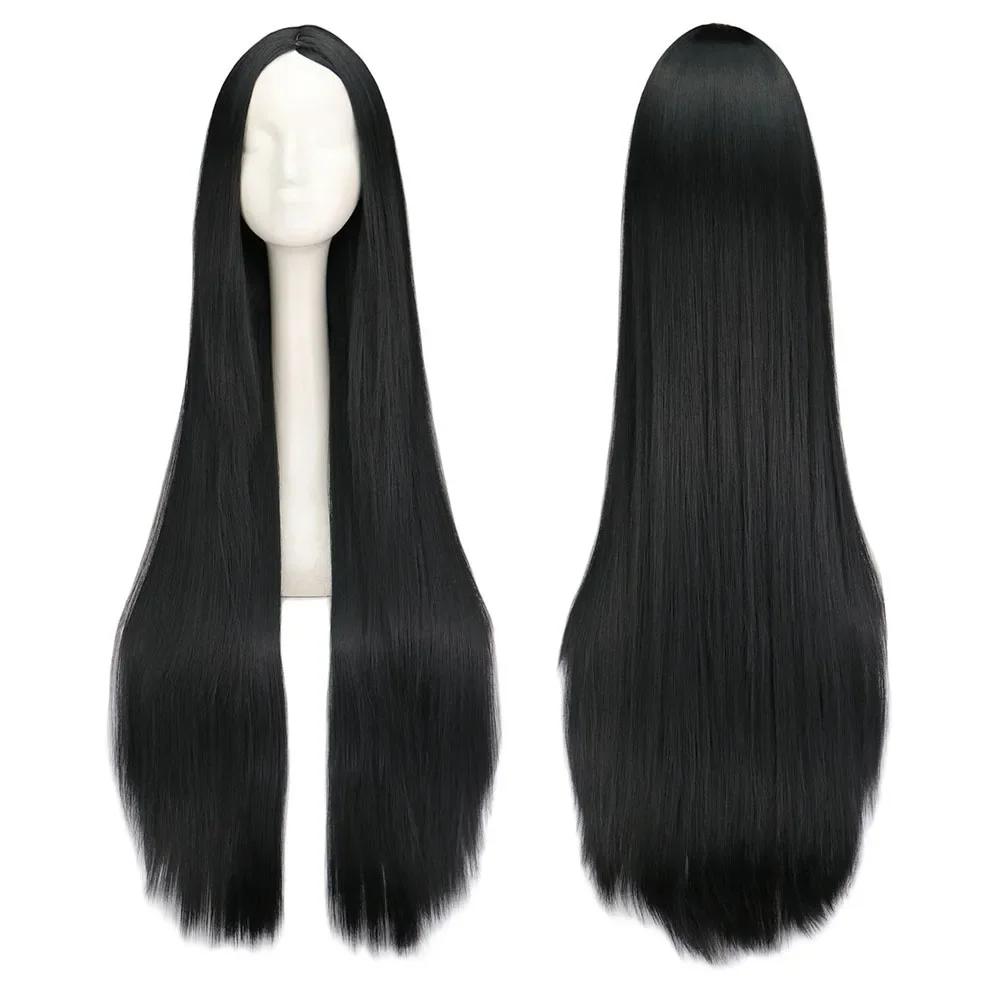 Perruque Synthétique Longue Noire de 100cm/40 ans, Cheveux Lisses, Degré de Chaleur, Costume de Carn