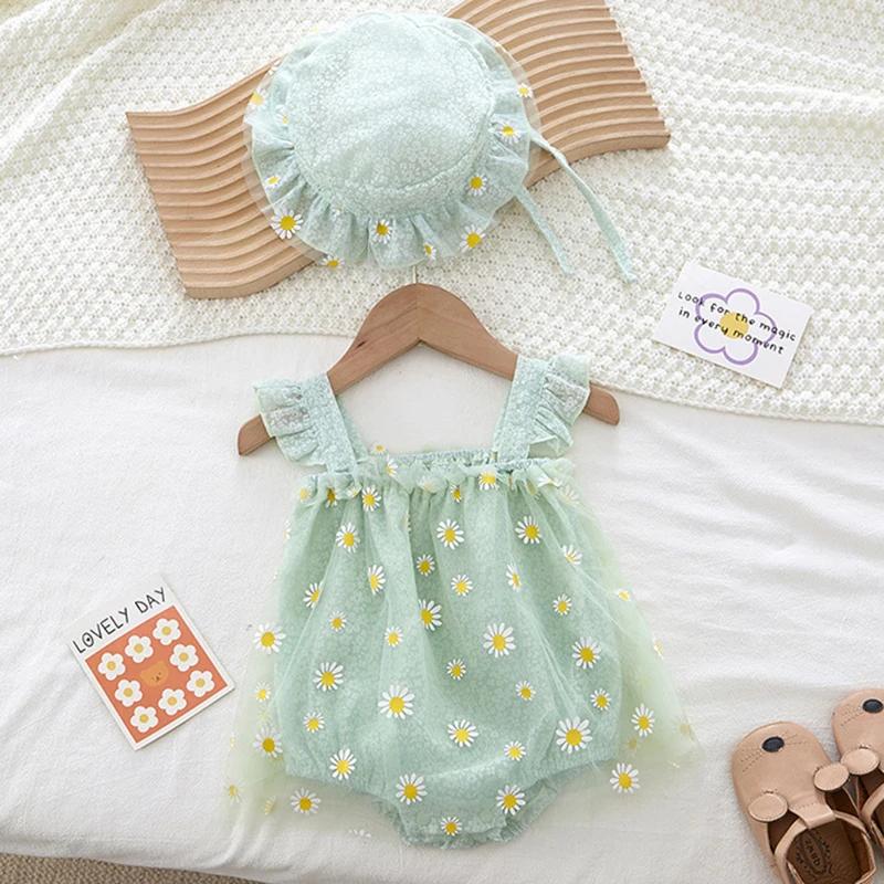 Vêtements d'été pour bébés filles, combinaison + chapeau, manches volantes, impression en coton, mai