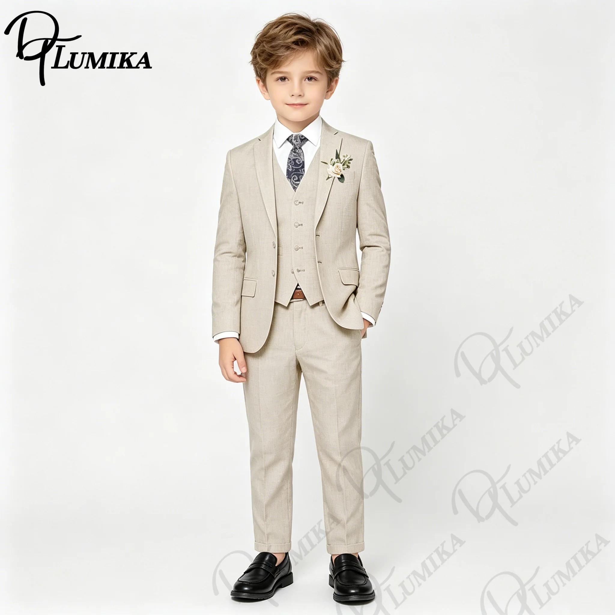 Ensemble 4 pièces élégant en lin pour garçons avec nœud papillon floral 2026 – Blazer, gilet et pant
