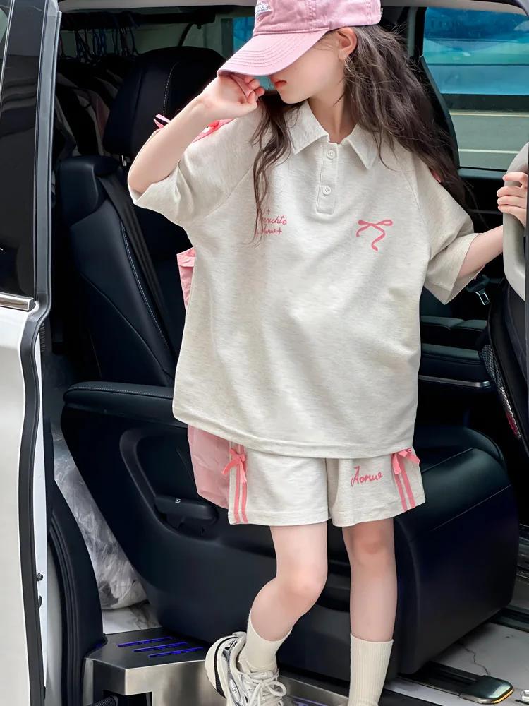 T-Shirt de sport d'été pour filles, costume avec nœud en sangle, pour grands enfants, Version coréen