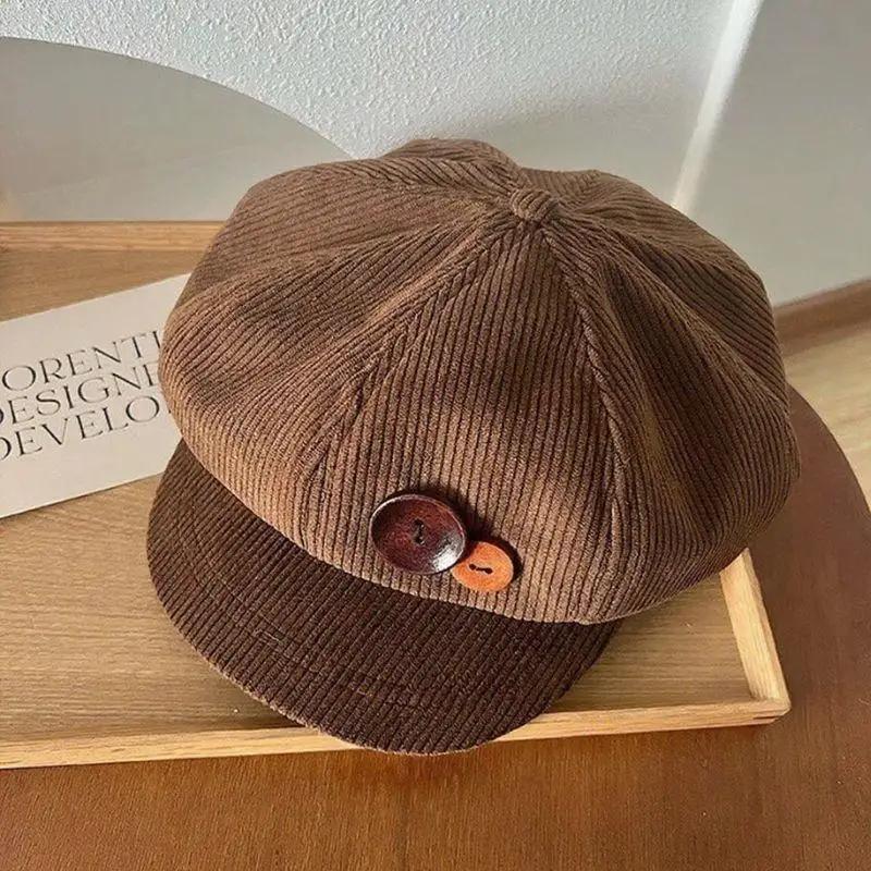 Béret Vintage en velours côtelé pour femmes, casquette octogonale à boutons coréens, chapeaux d'arti
