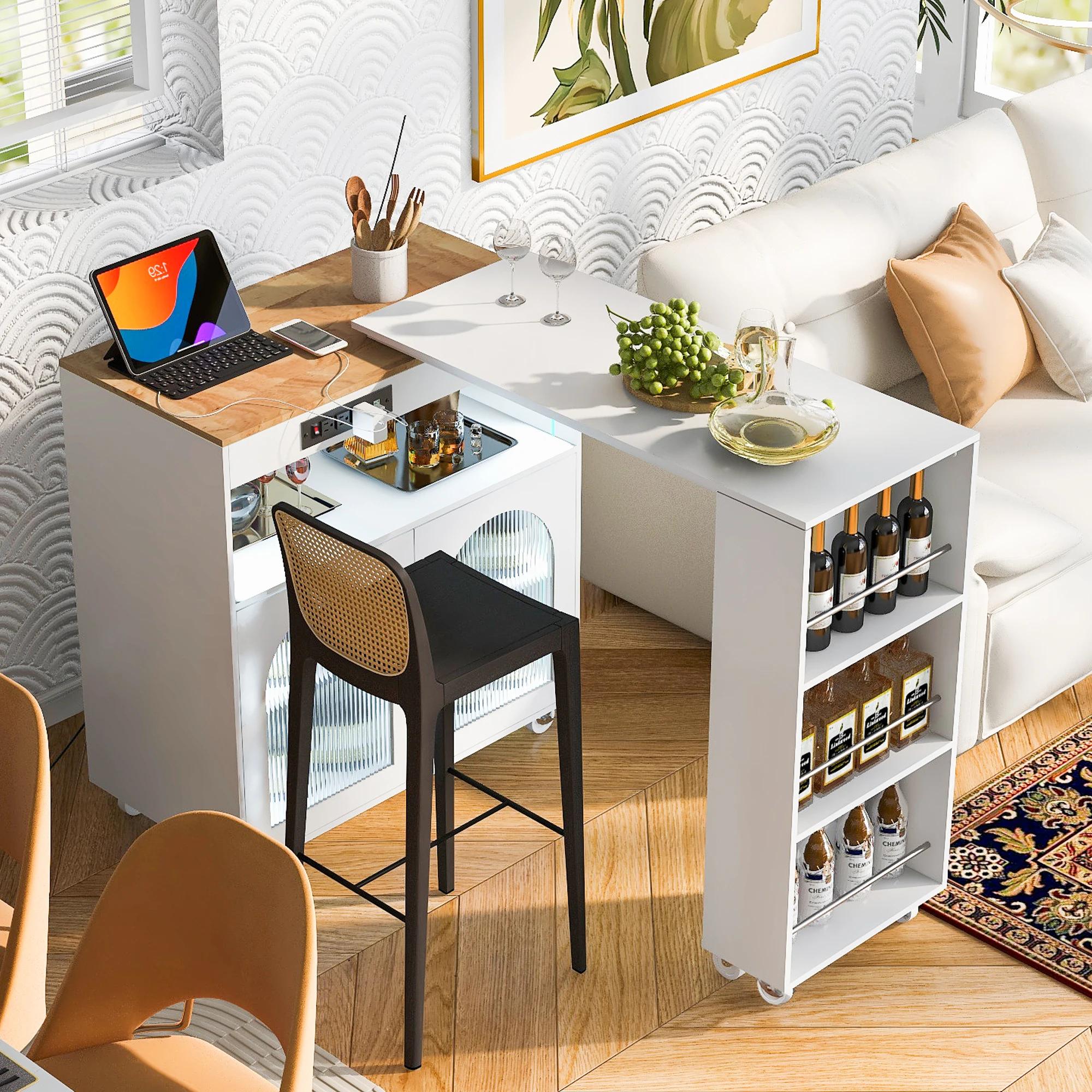 Îlot de cuisine roulant avec table arc-en-ciel, îlot de cuisine à roulettes avec lumières LED, prise