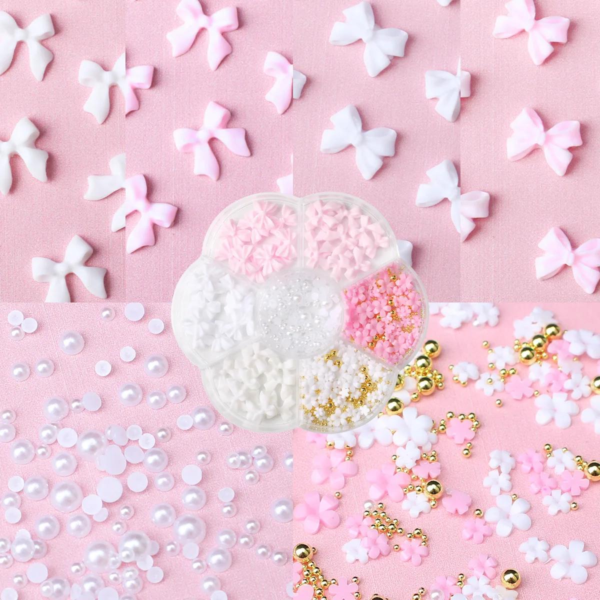 Kit de décorations pour ongles avec nœud floral 3D, 1 boîte, rose/blanc, acrylique Floral/perles de