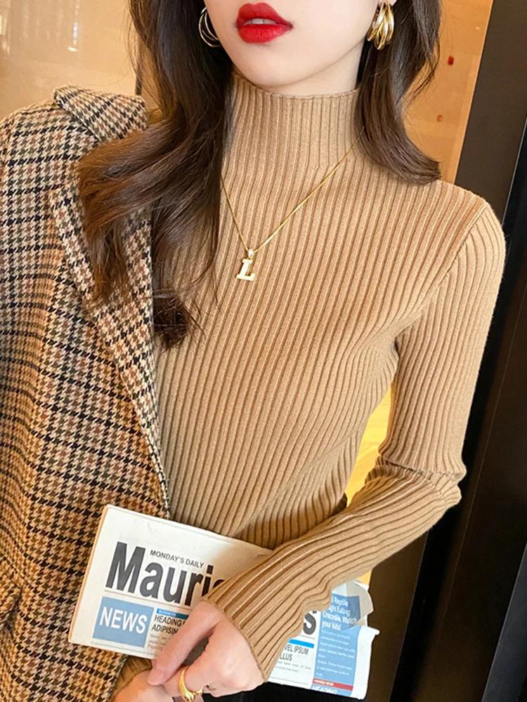 Élégant solide basique tricoté hauts femmes col roulé pull à manches longues décontracté mince pull