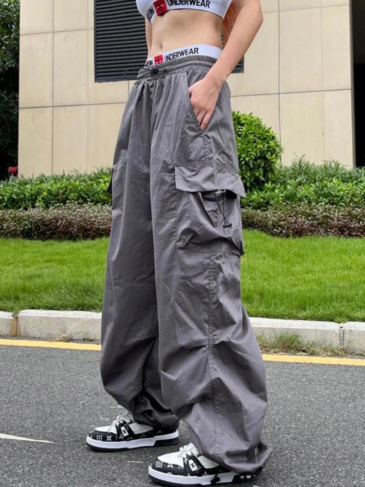 Y2K Parachute noir pantalon femmes Hippie Streetwear poches surdimensionnées Cargo pantalon Harajuku