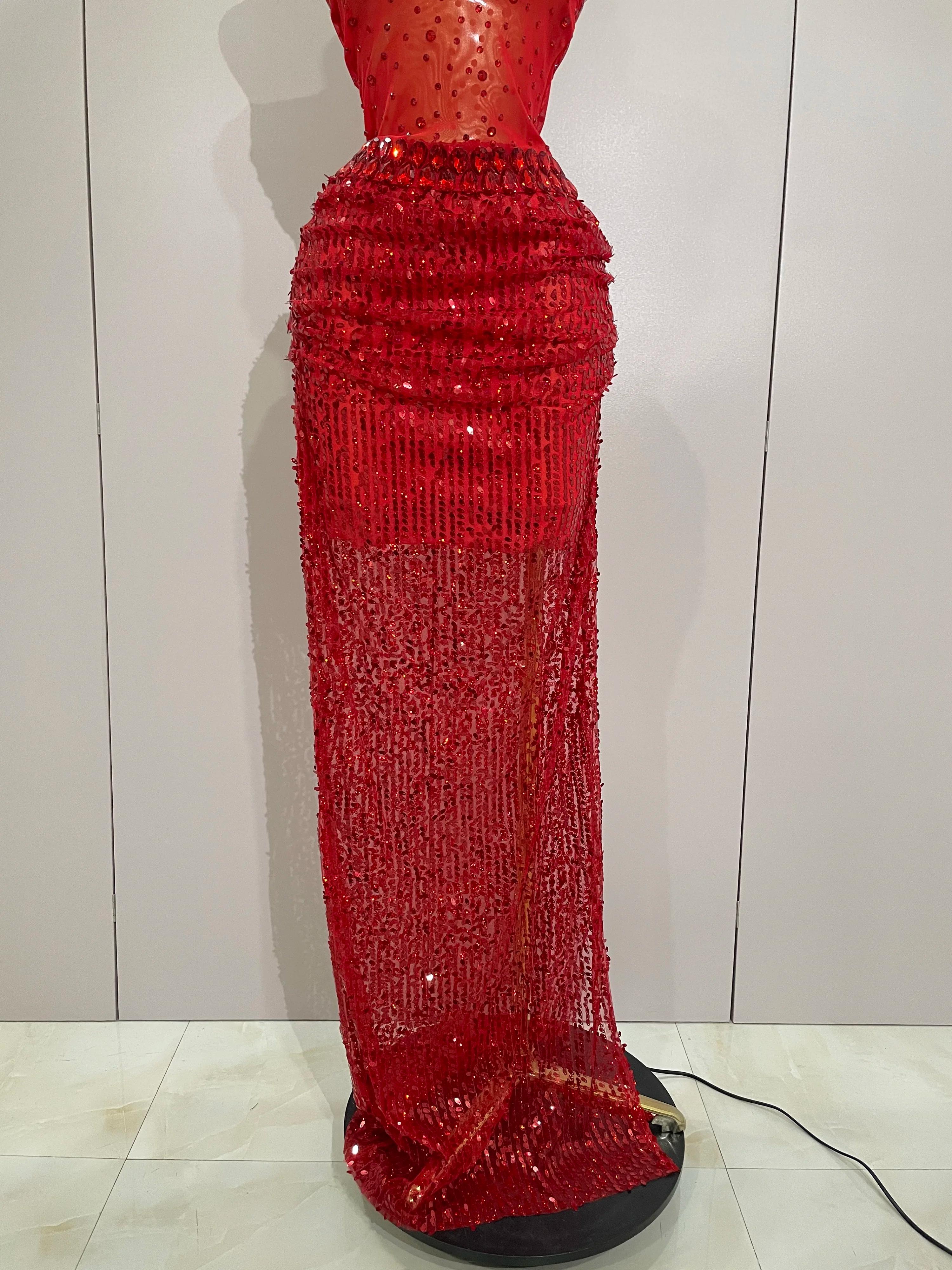Robe longue 2 pièces transparente et sexy avec strass rouges scintillants et paillettes, pour femmes