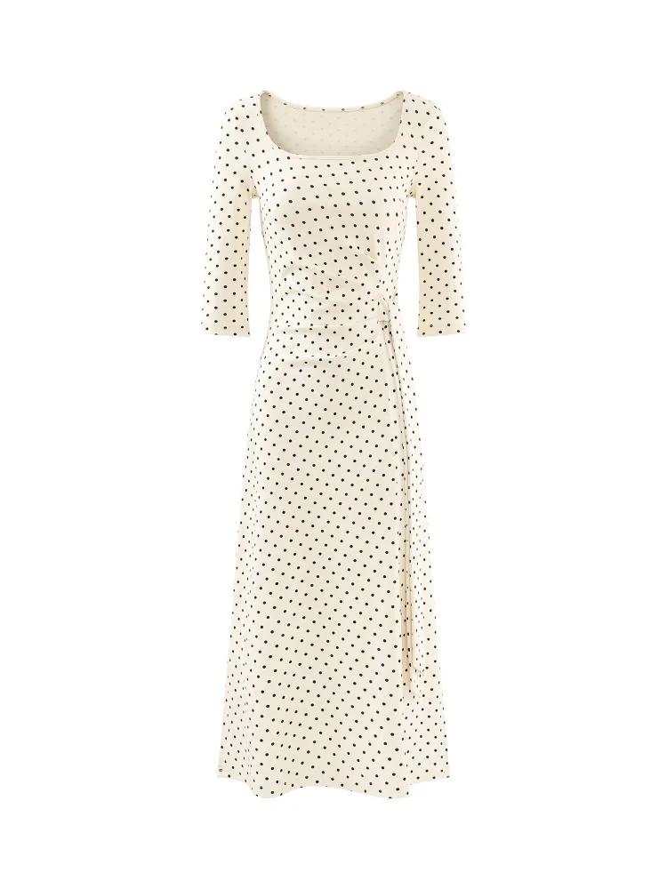 Robe mi-longue française élégante, Vintage, col carré, manches longues, coupe cintrée, cravate à la