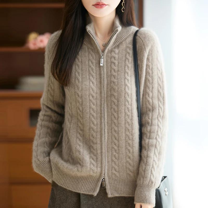 Cardigan 100% laine mérinos avec fermeture éclair pour femme, pull à câble épais, tricot chaud, vête
