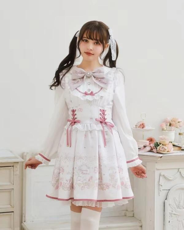 Robe Lolita japonaise pour femmes, manches longues, col de poupée, imprimé, taille élastique, Jirai
