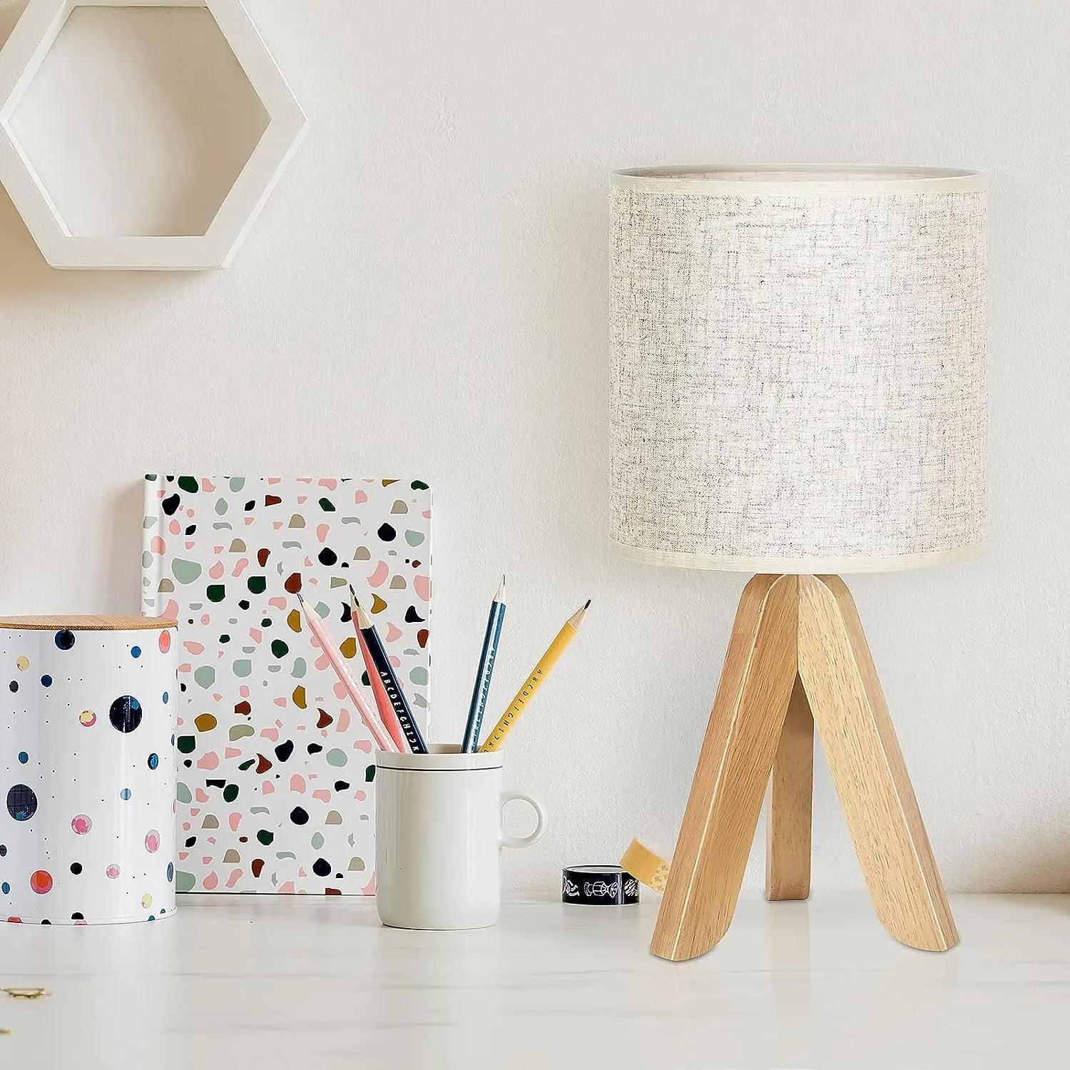 Lampe de Table en Bois et Lin pour Chambre à Coucher, Abat-Jour de oral et