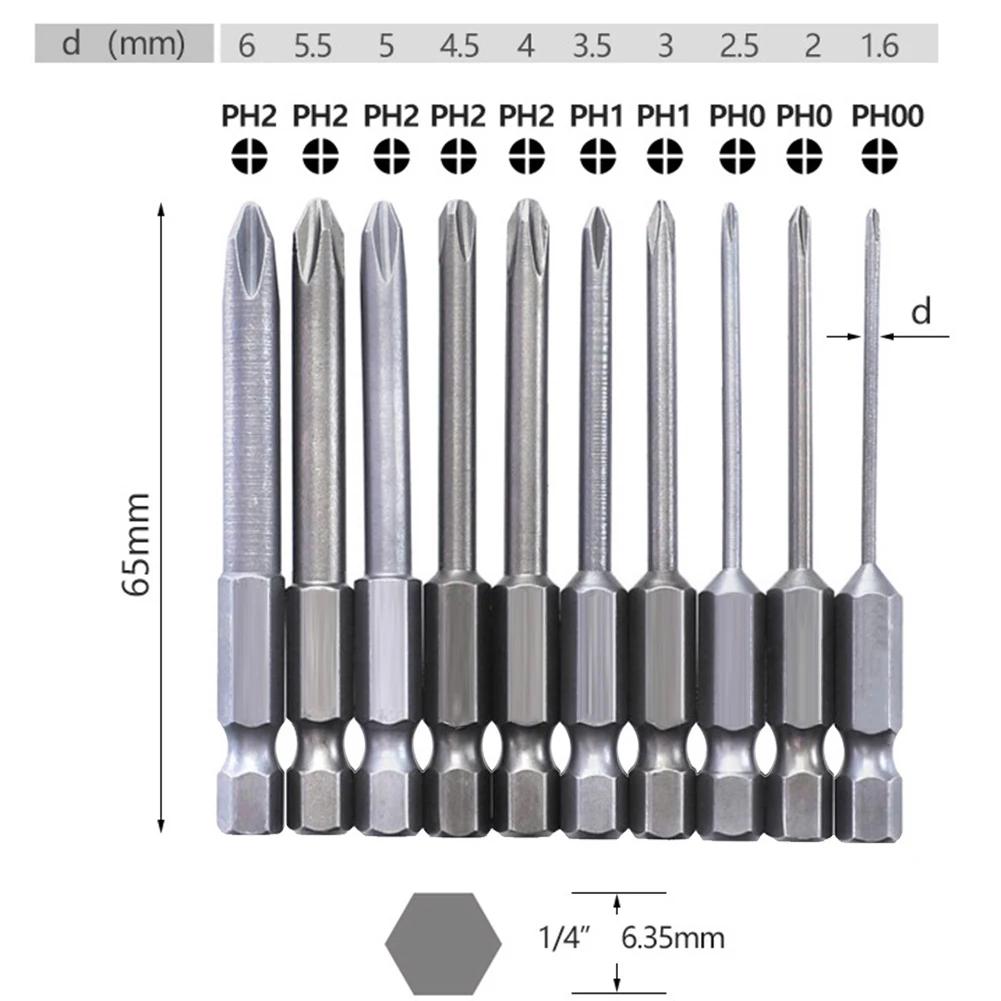 10 pièces 65mm magnétique 1/4 pouces Hex électrique tournevis cruciforme embouts PH00 PH0 PH1 PH2 ti