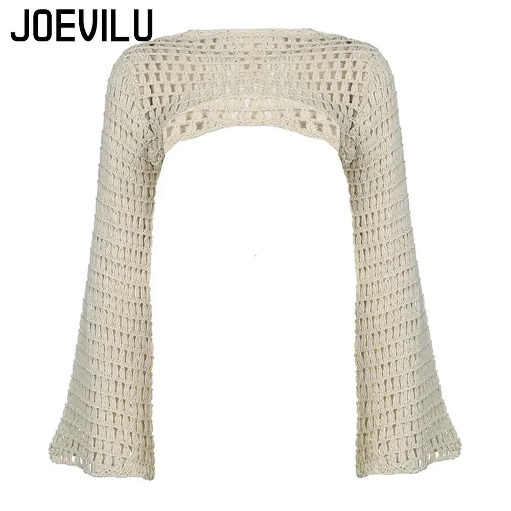 Haut court ajouré en tricot au Crochet pour femmes, chemisier Sexy Y2k, chemises à manches longues é