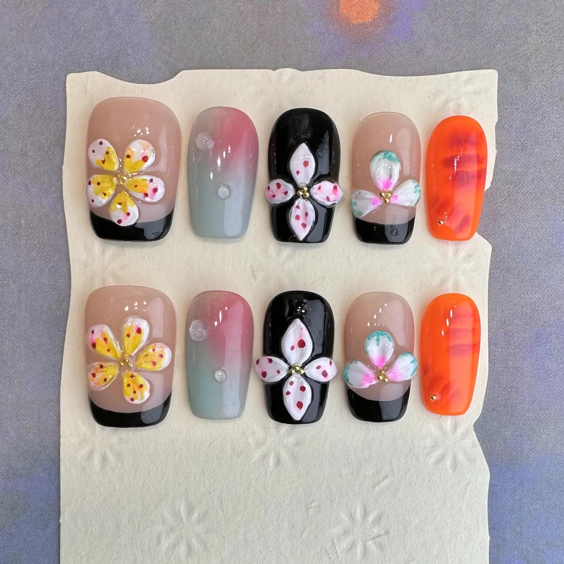 10 pièces 3D fleur verte à la main presse sur ongles français faux ongles portable ongles à coller f