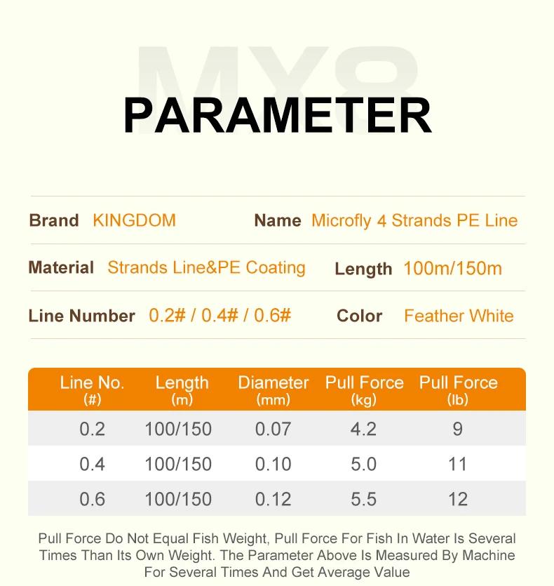 Ligne de pêche tressée Kingdom Microfly 4 brins en PE 0.2 # 0.4 # 0.6 # Fil de pêche à la carp