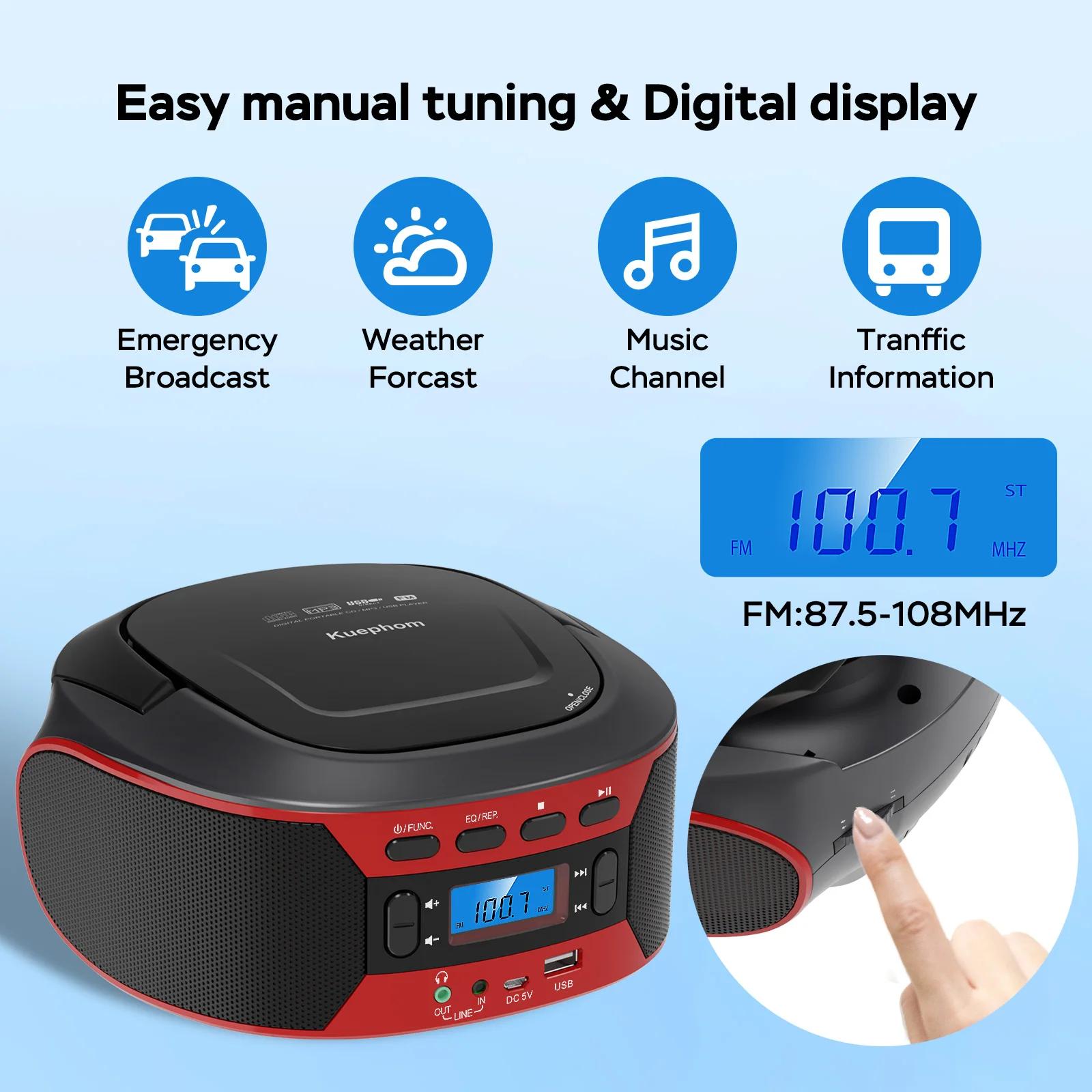 Boombox radio CD avec lecteur cd portable Bluetooth et USB avec EQ, alimentation AC et DC, affichage