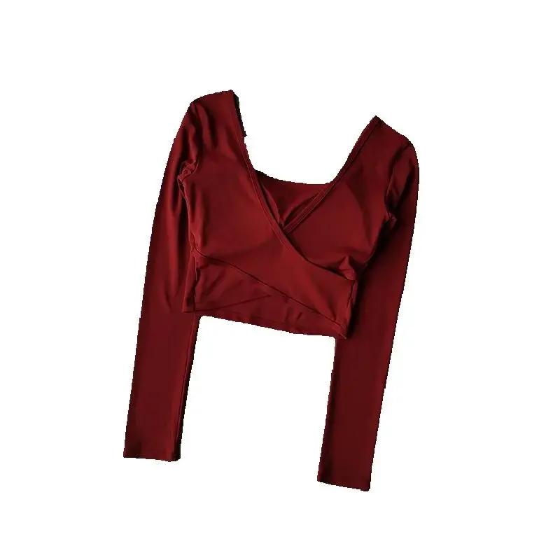 T-shirt de sport à manches longues pour femmes, Sexy, court, dos nu, coussin de poitrine fixe, serré