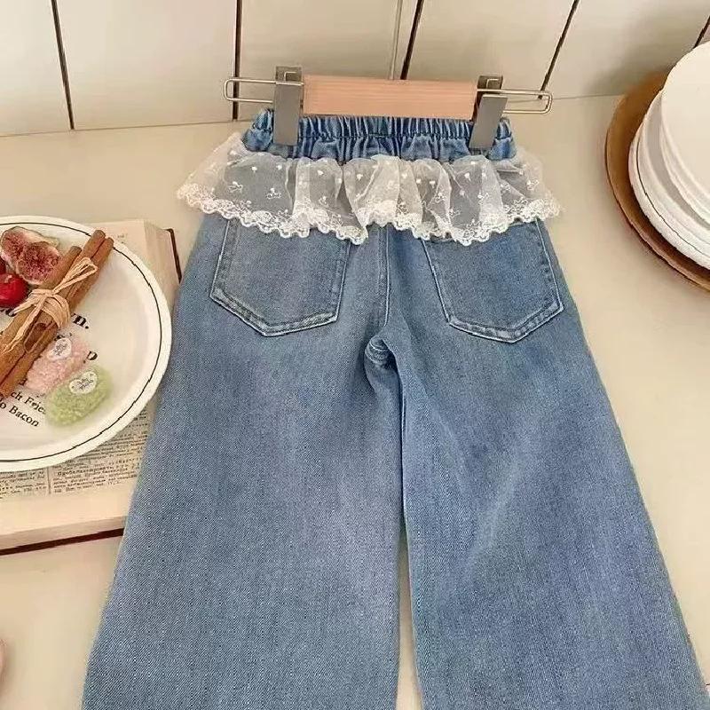 Pantalon en jean brodé avec dentelle pour filles, nouveau jean à nœud brodé, vêtements pour enfants,