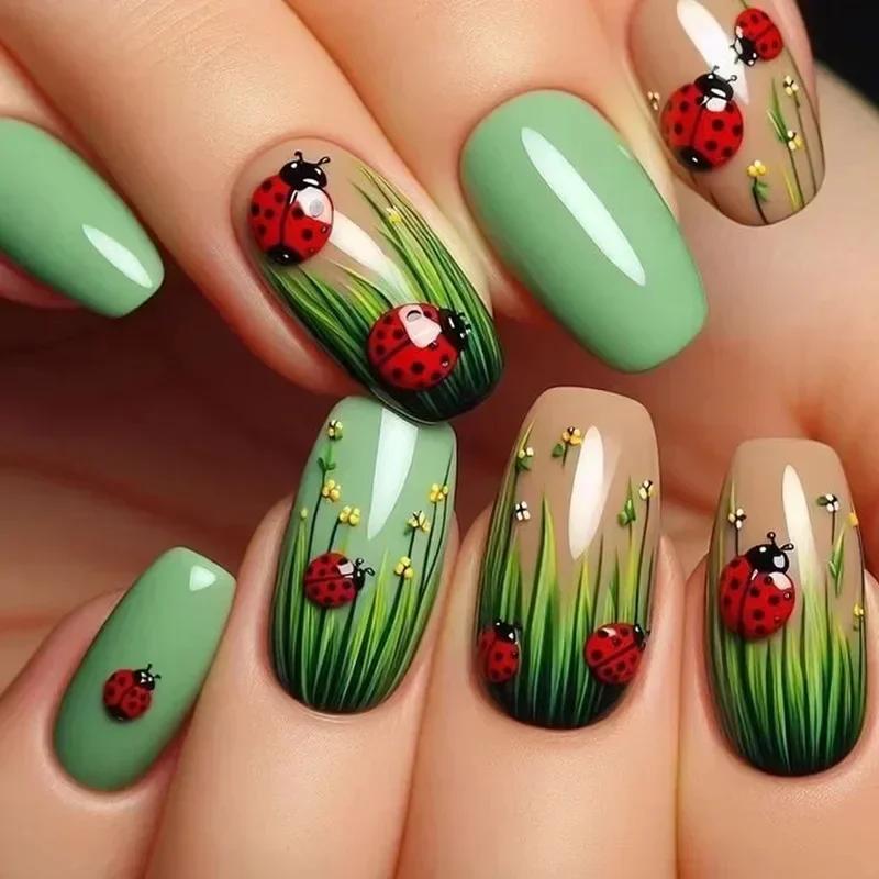 Faux ongles carrés courts et verts, 24 pièces, avec colle, flore, brillant, Simple, couverture compl