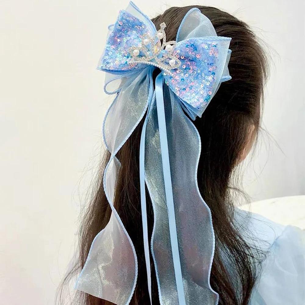 Épingle à cheveux flocon de neige, grand nœud, ruban à paillettes, Clips supérieurs, couronne de pri